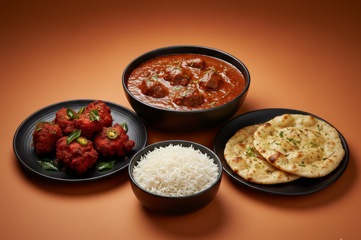 GBC Non Veg Combo (Chicken 65 (LF), Lamb Rogan Josh (GF) (LF), Garlic Naan, Plain Rice)  "